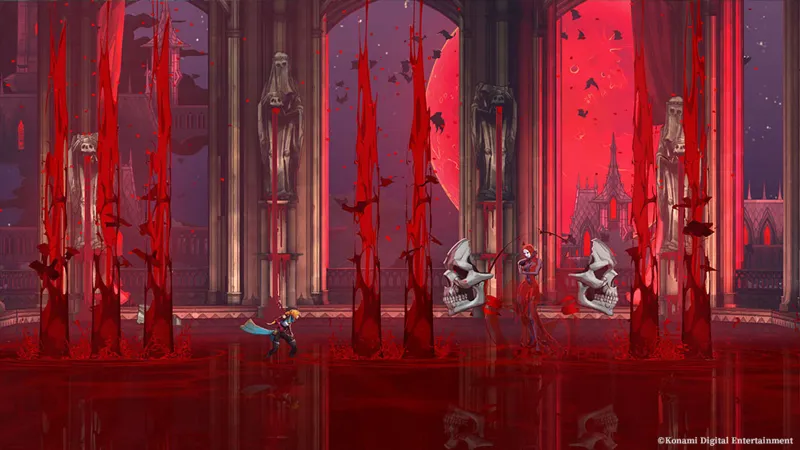 Rose faces a skeletal boss in a red-lit hall in Castlevania: Belmont’s Curse